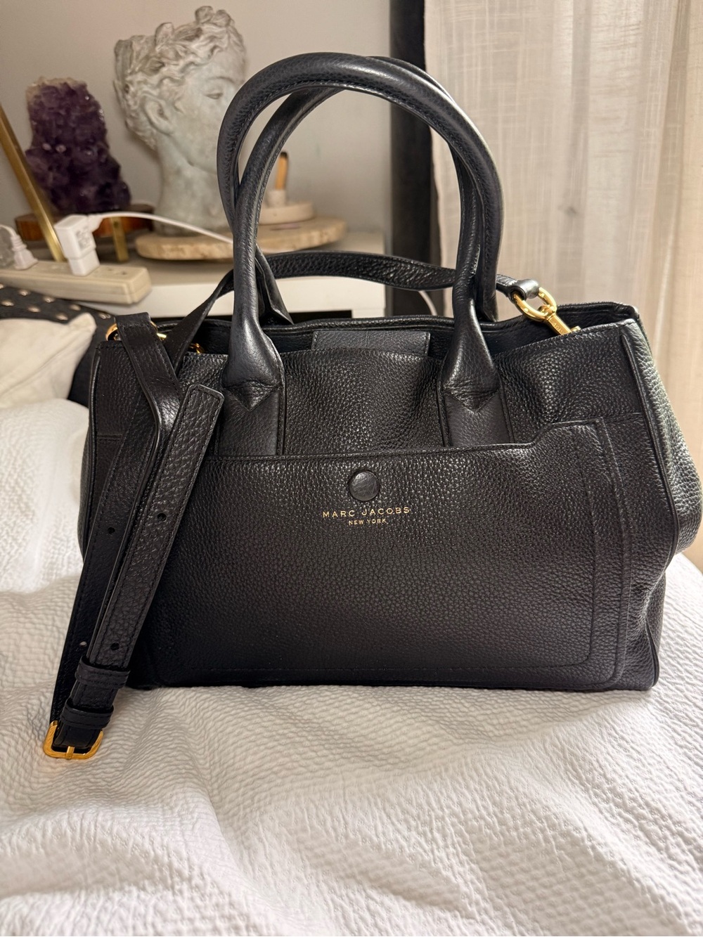 Marc Jacobs Black Pebbled Leather Satchel with Gold Hardware